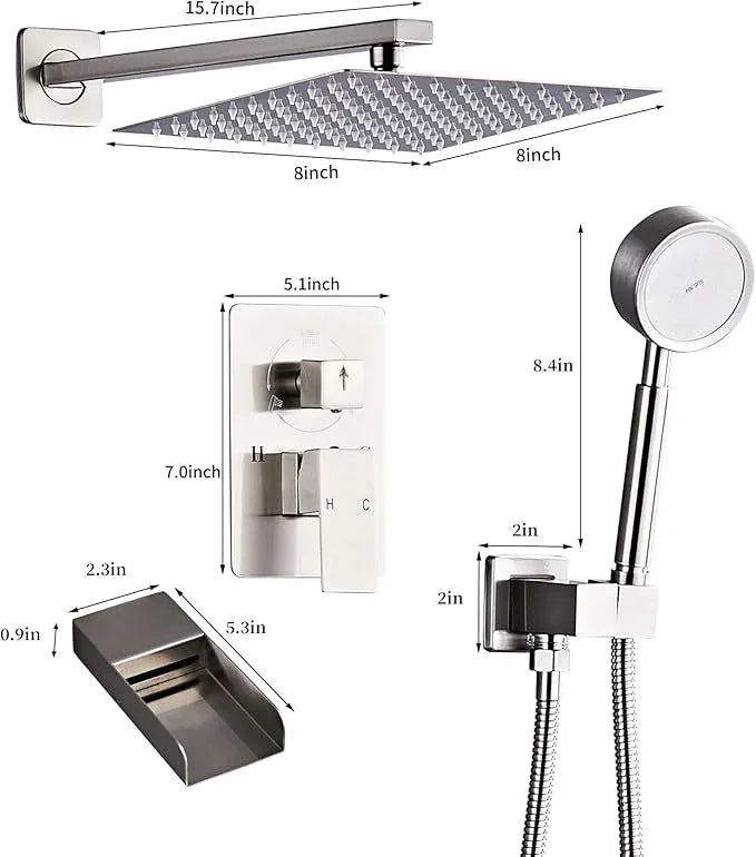 RTTWYYUU Brushed Nickel Rainfall Shower Head, Wall Mounted 12 Inch Shower Heads with Handheld Spray Combo, Luxury Bathroom Square Rain Shower System, Solid Brass Pressure Balancd Shower Faucet Valve - ModernBath