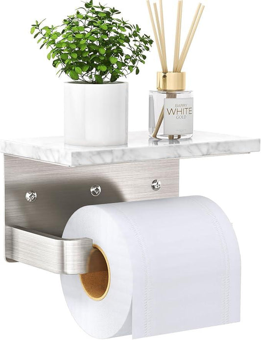 Toilet Paper Holder with Shelf, Extended Base Wall Mounted, Marble Toilet Roll Holder Brushed Nickel for Bathroom Washroom - ModernBath