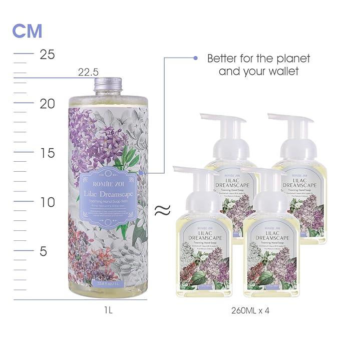 ROMIIE ZOI Lilac Foaming Hand Soap Refill Gift Set – 3 Pack (33.8 Fl Oz Each) with Refillable Dispenser, Soft Floral Scent, Moisturizing, Biodegradable & Chemical-Free Formula for Bathroom, Kitchen - ModernBath