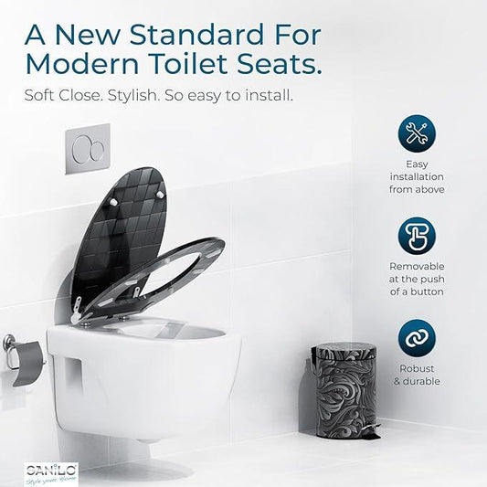 Sanilo Wooden Toilet Seat with Quick Release & Soft Close [ELONGATED] - Decorative & Slow Close Molded Wood Seat - With One Click for Easy Installation & Cleaning - With Adjustable Fit (Cube) - ModernBath