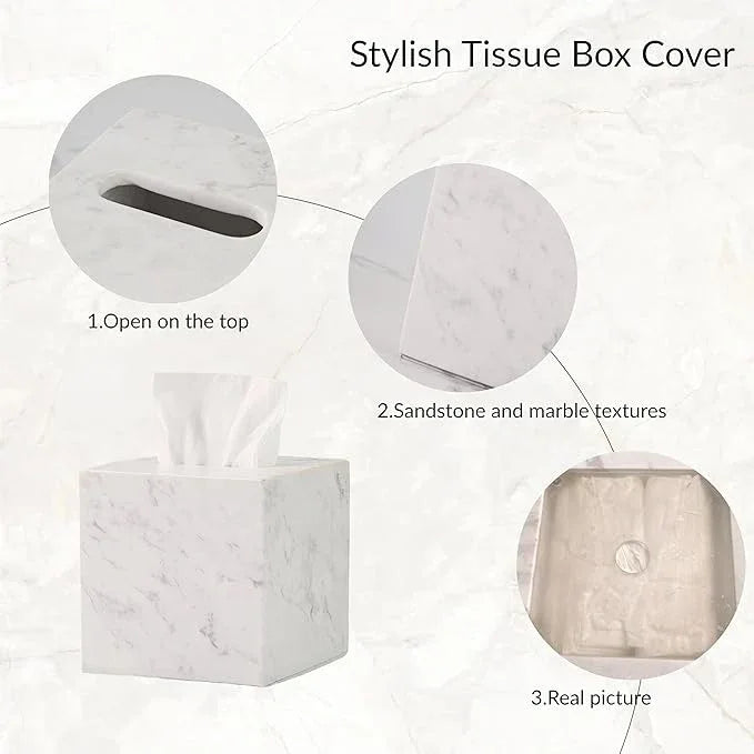 Natural Marble White Tissue Box Cover, Heavy Duty Nature Stone Tissue Box Holder, Elegant & Luxurious Grey Square Toilet Tissue Box Holder for Bathroom, Bedroom, Living Room, Office - ModernBath