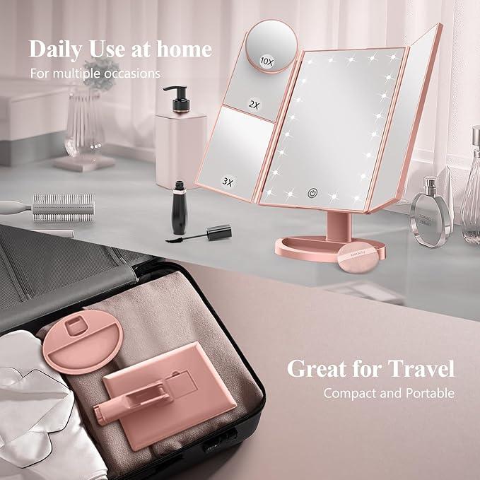 HUONUL Makeup Mirror Vanity with Lights, 2X 3X 10X Magnification, Touch Control, Trifold Mirror, Dual Power Supply, Gifts for Women, Wife, Mom, Teengirls(Rose Gold) - ModernBath