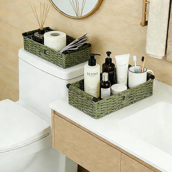 Green Toilet Basket Tank Topper for Bathroom Organizers & Storage, Paper Rope Imitation Wicker Toilet Paper Holder Basket with Handles for Desk, Countertop, Boho Coastal Bathroom Decor 2 PCS - ModernBath