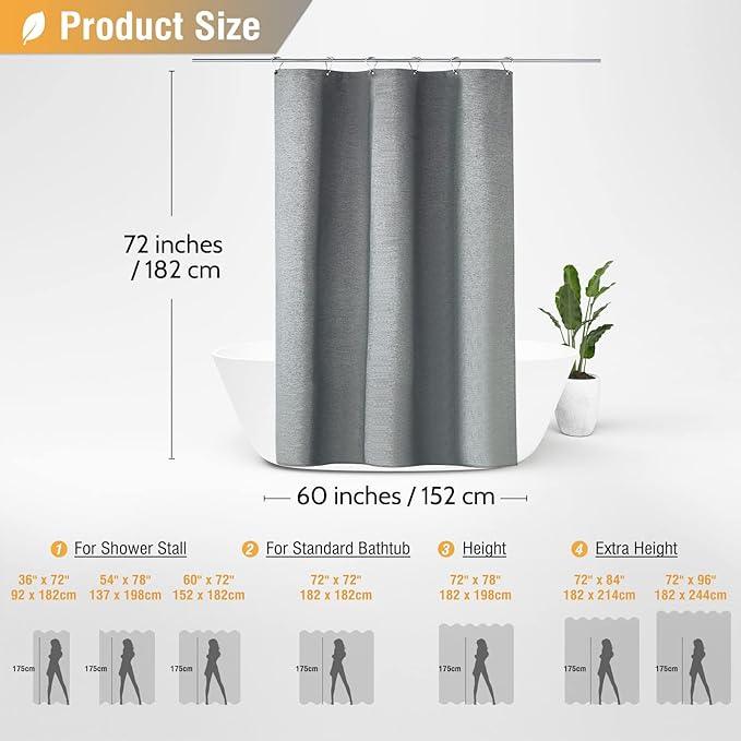 BTTN 60 Inch Fabric Shower Curtain, Stall Linen Textured Waterproof Heavy Duty Cloth Shower Curtain Set with 10 Plastic Hooks, Narrow Hotel Luxury Washable Bath Curtains for Bathroom, 60x72, Gray/Grey - ModernBath