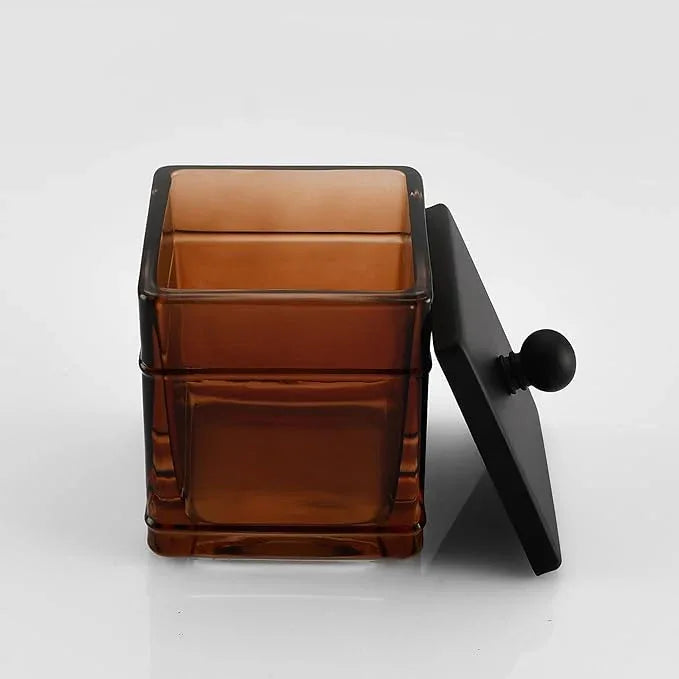 Indecor Home Amber Glass Cotton Jar Holder – Black Lid Elegant Bathroom Storage Canister for Qtips, Cotton Balls, Floss, Makeup Organizer, Vanity & Bathroom Organization - ModernBath