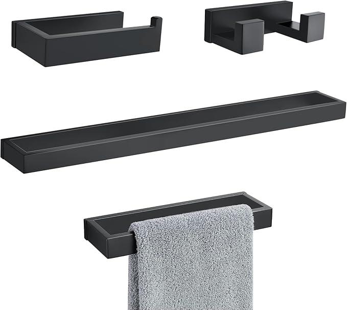 Lairuier 4-Piece Bath Towel Bar Set, Matte Black Bathroom Hardware Set Including Towel Bar,Towel Holder, Toilet Paper Holder, Towel Hook,Stainless Steel Bathroom Hardware Accessories Set - ModernBath