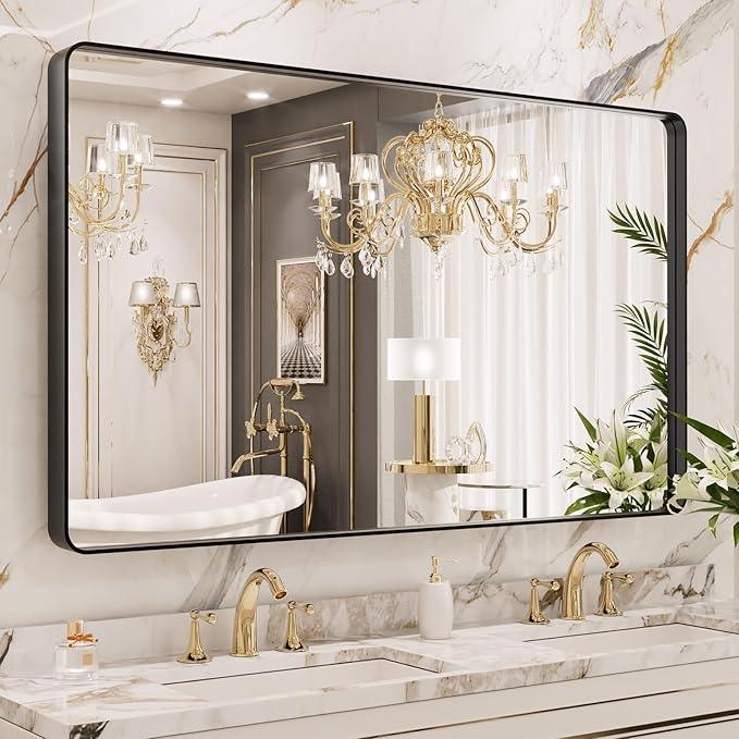LOAAO 50X30 Inch Black Metal Framed Bathroom Mirror for Wall, Matte Black Bathroom Vanity Mirror Farmhouse, Large Rounded Rectangle Mirror, Anti-Rust, Tempered Glass, Hangs Horizontally or Vertically - ModernBath
