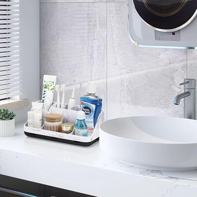 GFWARE Marble Bathroom Countertop Organizer - Detachable 7 Slots Kids Electric Toothbrush and Toothpaste Holde Drainage for Bathroom Accessories Organization Counter Vanity Storage, Black - ModernBath