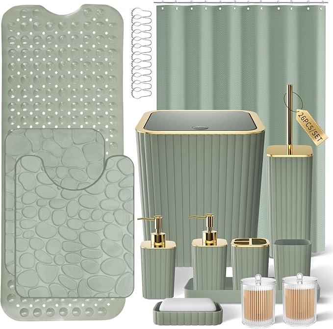 XLHOMO 26PC Bathroom Accessories Set - Gorgeous Sage Green Bathroom Set, Bathroom Accessory Set, Shower Curtain Set with Bathtub Mats for Shower Tub, Trash Can & Soap Dispenser - ModernBath