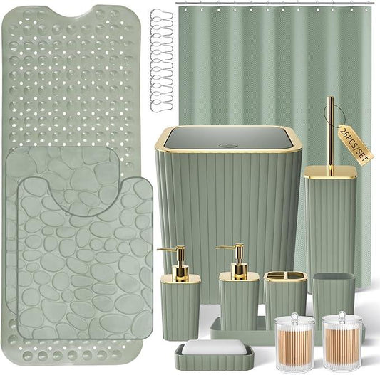 XLHOMO 26PC Bathroom Accessories Set - Gorgeous Sage Green Bathroom Set, Bathroom Accessory Set, Shower Curtain Set with Bathtub Mats for Shower Tub, Trash Can & Soap Dispenser - ModernBath