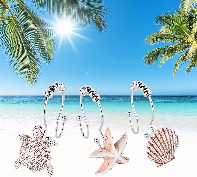 Double Shower Curtain Hooks,12Pcs Seashell Shower Curtain Rings Double Shower Curtain Hooks Decorative Bathroom for Home Bathroom Bedroom Living Room - ModernBath