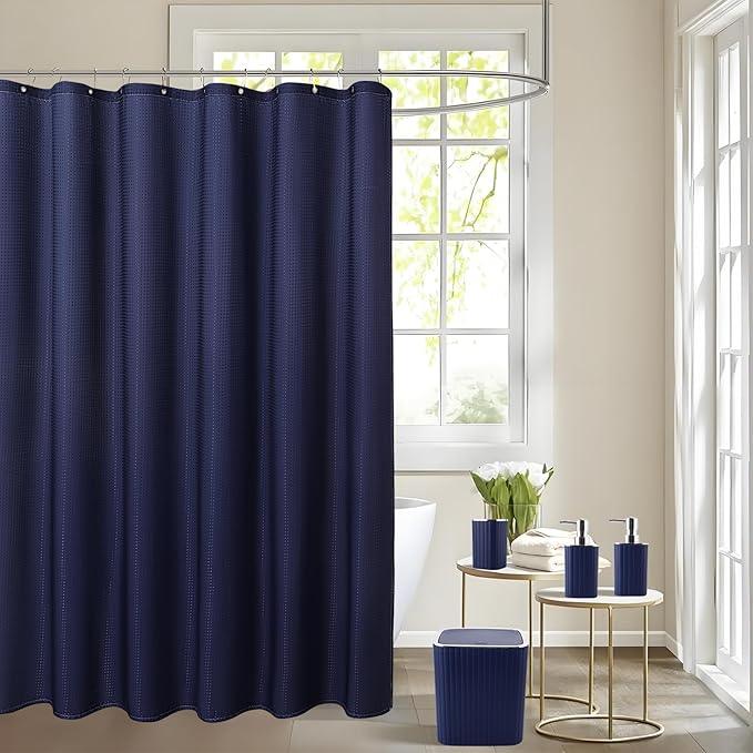 XLHOMO Bathroom Set with Shower Curtain and Rugs- 25PC Bathroom Accessory Set, Navy Blue Shower Curtain Set, Toilet Brush, Trash Can, Qtip Holder Dispenser & Soap Dispenser - ModernBath