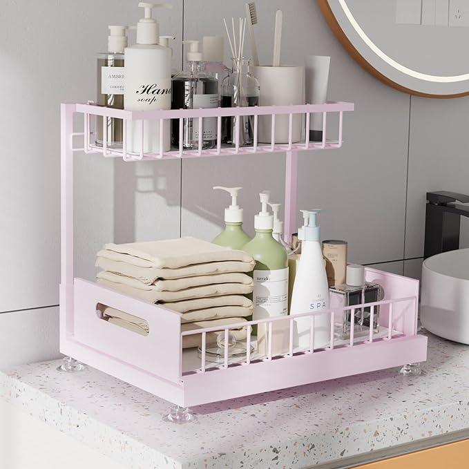 Under Sink Organizer Storage 2-Tier Premium Metal Pull-Out Racks, Height Adjustable, Heavy Dut and Easy Installation for Kitchen & Bathroom Organizers 1 Pack Pink - ModernBath
