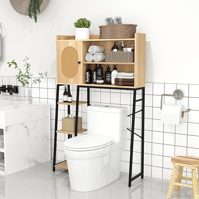 Giantex Over The Toilet Storage Cabinet with Rattan Door, Freestanding Space Saver Rack Above Toilet with Metal Stand, Adjustable Shelf, Over Toilet Bathroom Organizer for Restroom, Laundry - ModernBath