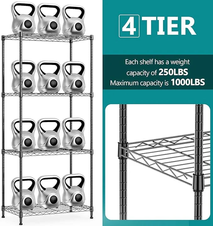 IZEUK 4-Tier Black Steel Storage Shelves, Heavy Duty Utility Wire Rack Organizer for Kitchen, Office, Home, 1000 lbs, 13.7" D x 23.6" W x 53.4" H - ModernBath