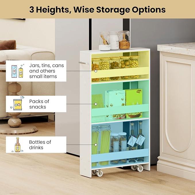 Small Kitchen Cart, 4-Tier Slim Rolling Island w/Handle, Laundry Room Storage Organizers Between Washer and Dryer, Narrow Spice Rack on Wheels Next to Fridge (White, 5'') - ModernBath
