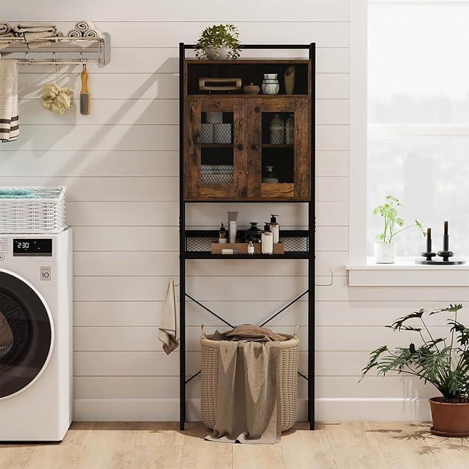 Tangkula Over The Toilet Storage Cabinet, 5-Tier Space Saver Above Toilet with 2 Mesh Doors, Metal Stand, Toilet Paper Holder & Hook, Freestanding Bathroom Cabinet Organizer for Laundry, Rustic Brown - ModernBath