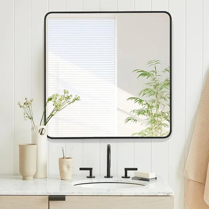 Bonverre 30x30 Inch Rectangle Bathroom Mirror with Black Metal Frame, Rounded Corner Rectangular Vanity Mirror for Wall, Modern Large for Bedroom, Living Room, Horizontal or Vertical - ModernBath