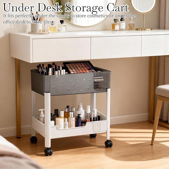 2 Tier Rolling Cart with Wheels for Under Desk Storage, Heavy Duty Plastic Short Small Utility Cart for Small Space Pantry Room Kitchen Laundry Bathroom, 4.7'' Deep Baskets for Tall Bottles - ModernBath