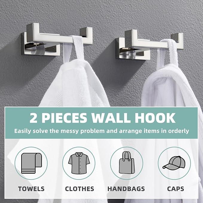 APLusee Double Robe Towel Hook Polished Chrome 2 Pack, 304 Stainless Steel Square Towel Hanger, Minimalist Coat Holder for Modern Bathroom Washroom - ModernBath