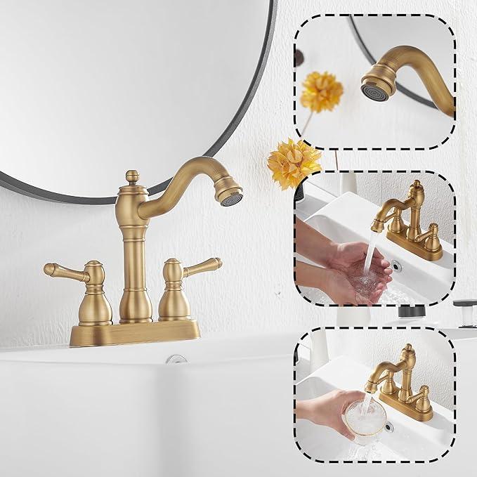 GGStudy Antique Brass Bathroom Faucet 2 Handles 4 Inches Centerset RV Bathroom Vanity Faucet with Drain Assembly and Supply Hose Lavatory Faucet - ModernBath