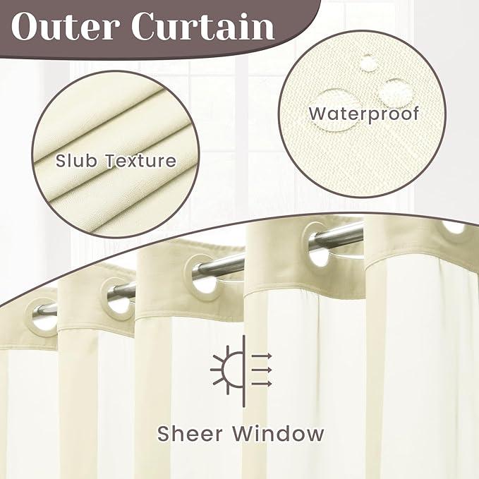 SORTTO No Hook Slub Textured Shower Curtain with Snap in Liner - Sand Fabric Outer Curtain & Waterproof Inner Liner, Hotel Style with See Through Top Window, 71x74 in - ModernBath