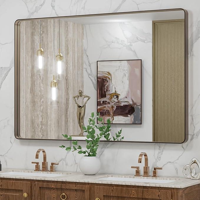 LOAAO 48”X32” Bronze Bathroom Mirrors for Vanity, Rounded Rectangle Brushed Bronze Metal Frame Mirror, Anti-Rust, Tempered Glass, Hangs Horizontally or Vertically - ModernBath
