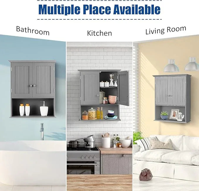 COSTWAY Wall Mounted Bathroom Cabinet, Over The Toilet Storage Cabinet w/Double Doors & Adjustable Shelf, Wood Hanging Medicine Cabinet for Living Room, Entryway, Kitchen (Gray) - ModernBath