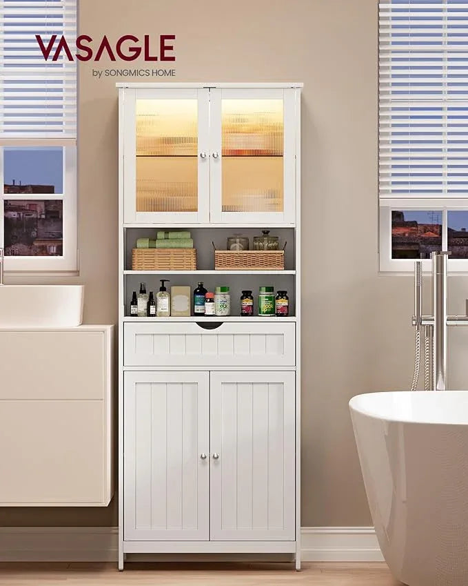 VASAGLE Storage Cabinet with LED Lights, Freestanding Storage Unit with Adjustable Shelves, Drawer, Open Compartments, for Bathroom, Living Room, Kitchen, Cloud White UBBC767WH01S - ModernBath