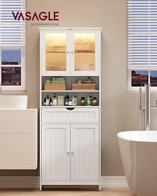 VASAGLE Storage Cabinet with LED Lights, Freestanding Storage Unit with Adjustable Shelves, Drawer, Open Compartments, for Bathroom, Living Room, Kitchen, Cloud White UBBC767WH01S - ModernBath