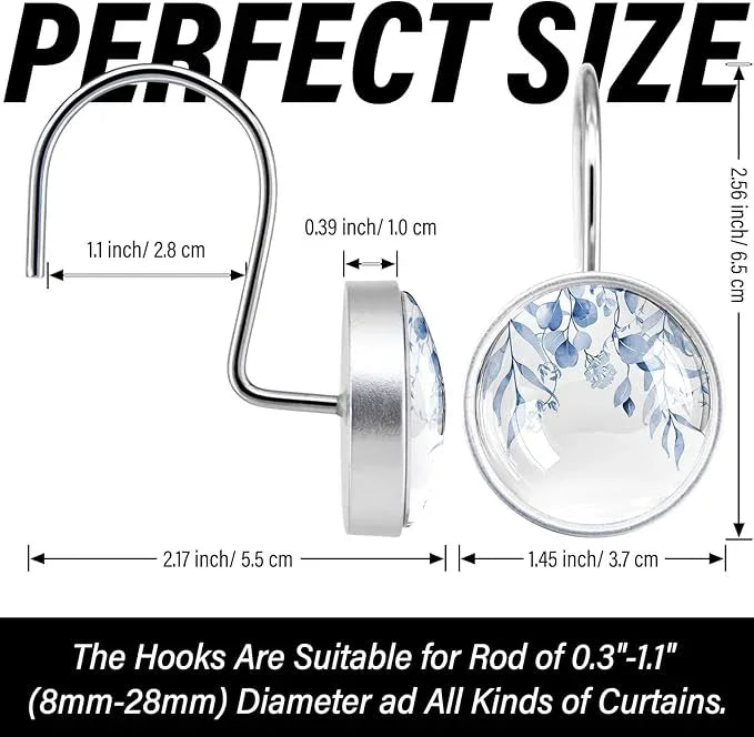 12 Pcs Blue Eucalyptus Shower Curtain Hooks – Farmhouse Resin Shower Rings, Rustproof Stainless Steel Curtain Hangers for Bathroom Decor - ModernBath