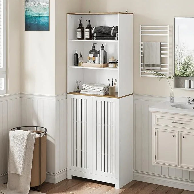 Bathroom Storage Cabinet - 66.8" Freestanding Tall Cabinet with Slatted Doors and Open Shelves, Adjustable Shelves, White Bathroom Organizer for Small Spaces, Bathroom Linen Tower with Closed Storage - ModernBath