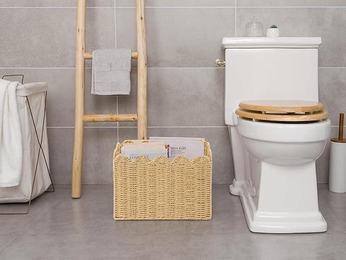 Handwoven Khaki Paper Rope Magazine Holder with Scalloped Edge –Toilet Paper Storage Basket Decorative Storage Basket for Magazines, Newspapers, Mail, Living Room, Bathroom & Office - ModernBath