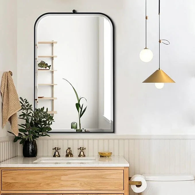 POZINO Rectangle Beveled Mirror, 24"x38" Black Vanity Mirror for Over Sink, Modern Rounded Bathroom Mirrors with Stainless Steel Frame, Oblong Mirrors for Bedroom Living Room Entryway Fireplace - ModernBath