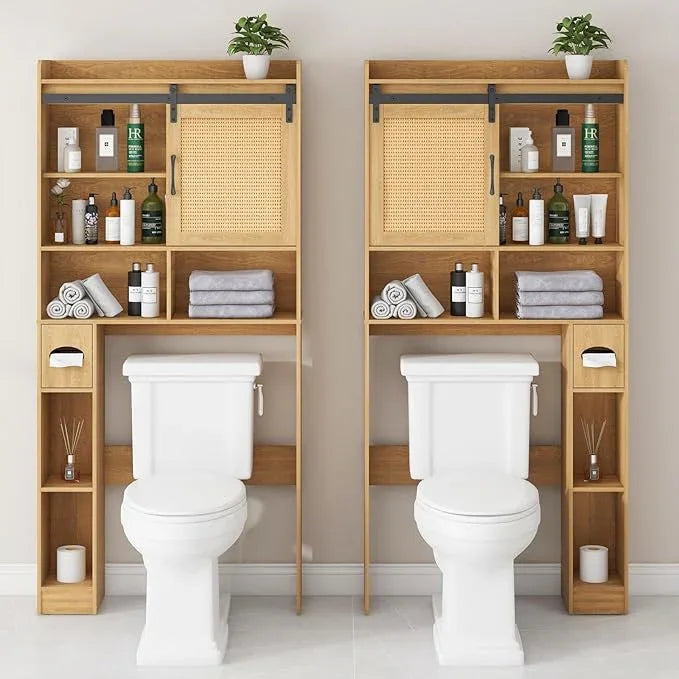 Over The Toilet Storage Cabinet, Farmhouse Rattan Storage Cabinet Over Toilet with Sliding Doors & Toilet Paper Holder Stand, Home Space-Saving Toilet Rack, for Bathroom, Laundry(Rattan Oak). - ModernBath