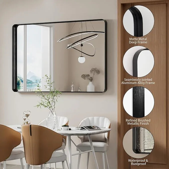 Koonmi Black Wall Mirror for Bathroom, 36x55 Inch Matte Deep Framed Rounded Rectangle Vanity Mirror for Farmhouse Living Room, Tempered Glass, Anti-Rust, Vertically or Horizontally - ModernBath