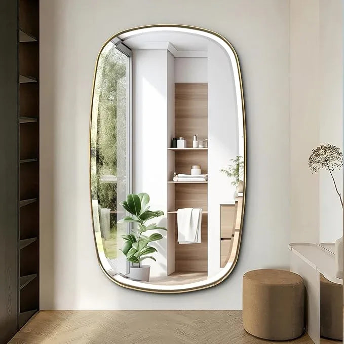 POZINO Gold Beveled Mirror, 28"x48" Modern Rounded Rectangle Mirrors, Large Brass Oval Mirrors, Oblong Vanity Wall Mirror for Bedroom Living Room Entryway Fireplace, Hangs Horizontal Or Vertical - ModernBath