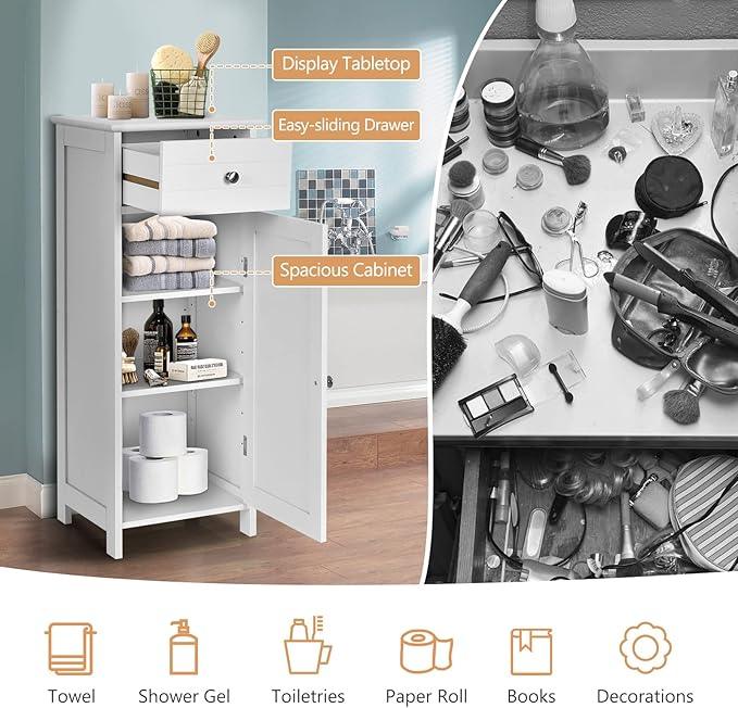 COSTWAY Bathroom Storage Cabinet, Single Door Floor Cabinet with Drawer and 3-Level Adjustable Shelves, Modern Side Storage Organizer with Anti-Tipping Device for Living Room, Bedroom (White) - ModernBath