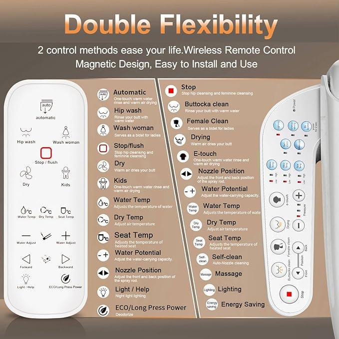 KERDE P30B Bidet Toilet Seat - Dual Control (Side Panel & Remote), Warm Water Wash, Heated Seat, Warm Air Dryer, LED Night Light,Existing Toilets Electric Bidet Elongated Electronic Heated Smart - ModernBath