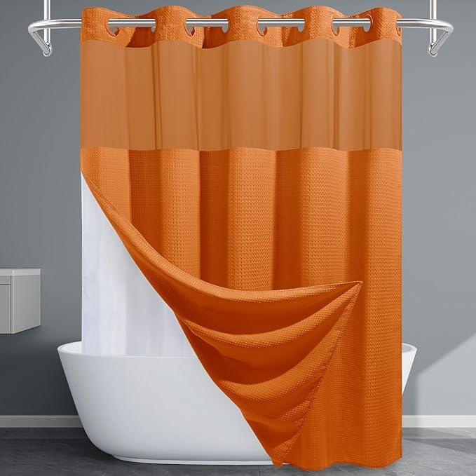 EUTXL Burnt Orange No Hook Shower Curtain with Snap in Liner,230GSM Waffle Weave Shower Curtains for Bathroom,71W x 74H - ModernBath