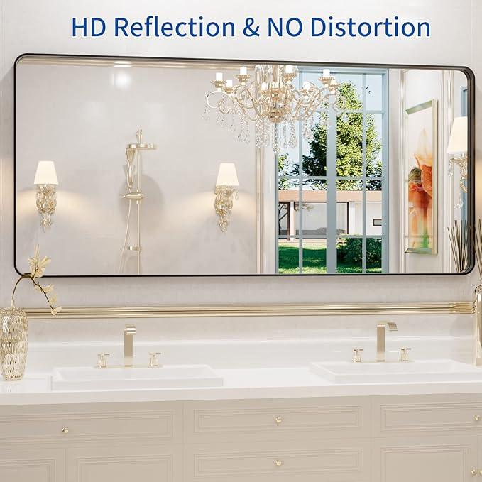 WEER Black Metal Framed Mirror, 60X28 Inch Rectangular Matte Black Wall Mirror for Bathroom, Rounded Corner Black Bathroom Vanity Mirror, Tempered Glass, Anti-Rust, Hangs Horizontal or Vertical - ModernBath