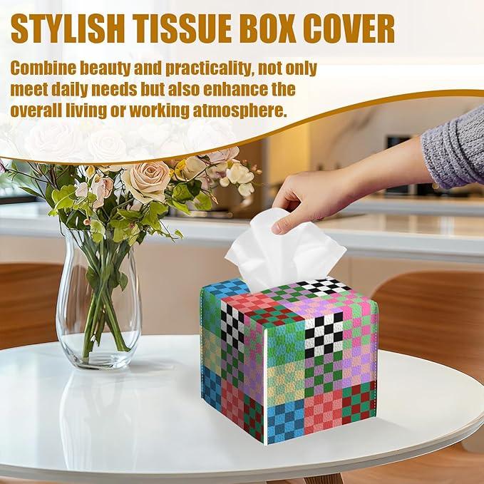 Colorful Checkered Tissue Box Cover 2PCS, Leather Tissue Box Holder Square Facial Paper Case Tissue Box Cube Organizer for Bathroom Bedroom Desk Office - ModernBath