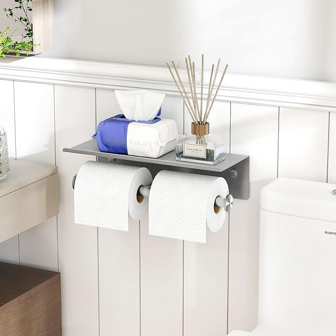 YUMORE Toilet Paper Holder, 304 Stainless Steel Bathroom Double Roll Tissue Holder with Shelf, Wall Mounted Washroom Dual TP Dispenser Storage, Flushable Wipes Dispenser, Brushed Nickel Finish - ModernBath