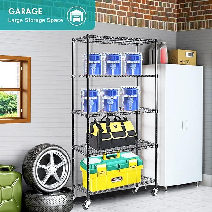 BNSPLY 5 Tier Wire Shelving Unit, Adjustable Metal Storage Rack, Mobile Wire Shelves for Kitchen, Laundry, Bathroom, Pantry, Closet Organization (17.7" D x 35.5" W x 71" H, Black) - ModernBath