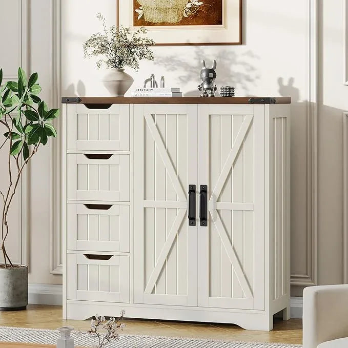 Vabches Farmhouse Bathroom Cabinet, Freestanding Storage Cabinet with 4 Drawers and 2 Doors, Rustic Storage Organizer with Adjustable Shelf for Bathroom, Living Room, Entryway, White - ModernBath