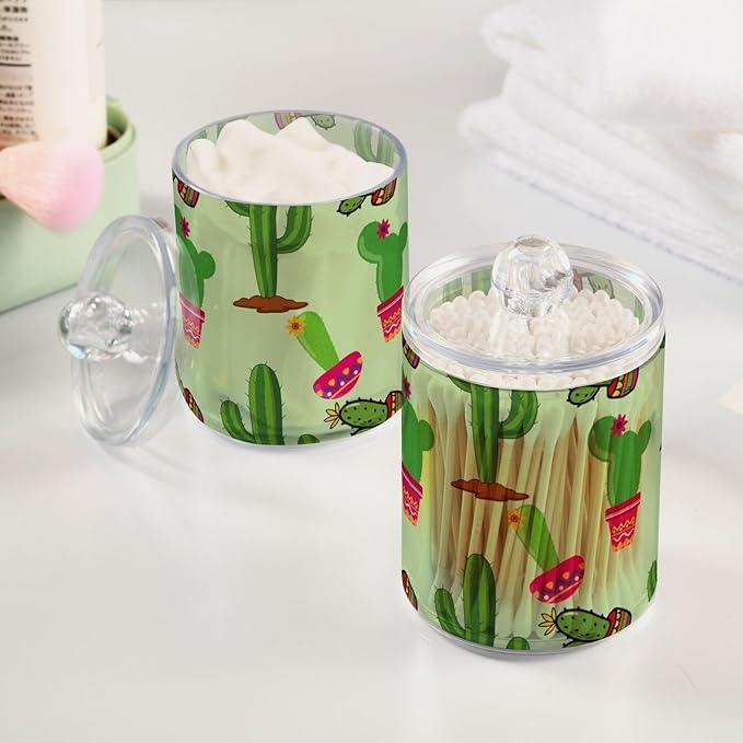 Tatenale Qtip Holder Bathroom Set Q tip Cotton Ball Swab Pad Dispenser Container Organizer Plastic Jars with Lids Storage 2Pack Mexican Cacti Green - ModernBath