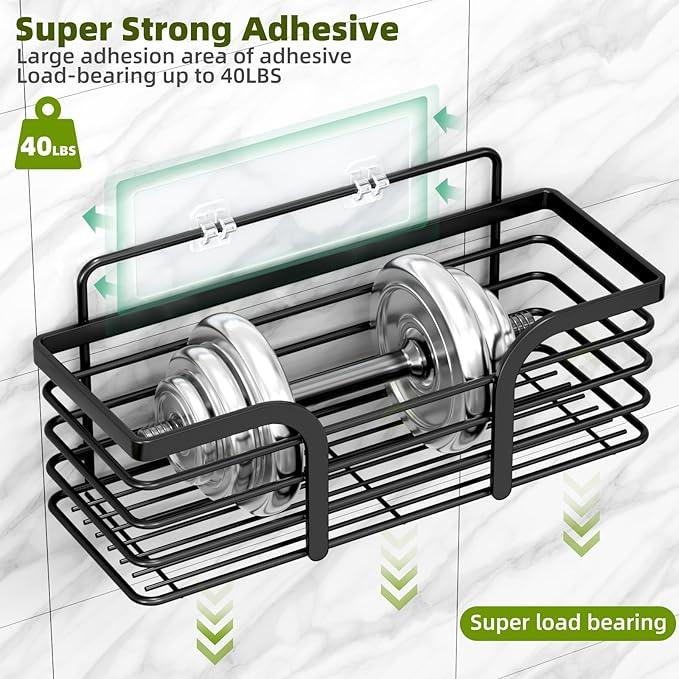 Shower Caddy, Adhesive Shower Organizer with Soap Dish and 4 Hooks, Rustproof Stainless Steel Shower Shelves, Wall Mounted No Drilling Storage Shelf Basket Accessories for Bathroom & Kitchen - ModernBath