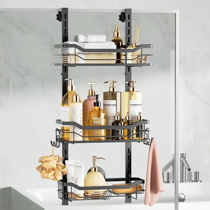 LEVERLOC Over The Door Shower Caddy, Shelf Distance Adjustable Hanging Rack Sturdy Rust Proof Bathroom Shelves with Strong Suction Cup, Shower Organizer Basket Storage Rack, Metal Black - ModernBath