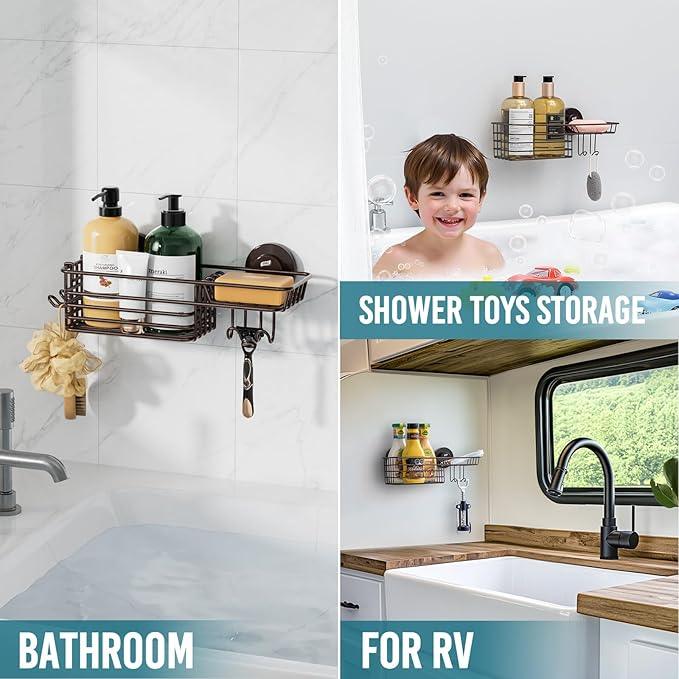 TAILI Shower Caddy Suction Cup with Hooks & Soap Holder, Heavy Duty Bathroom Shower Organizer, No Drilling Shelves for Inside Bathroom, Metal Storage Basket-Brown - ModernBath