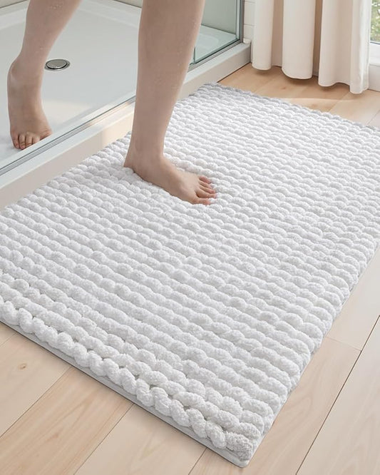 DEXI Bathroom Rugs 17x30, Non Slip Washable Bath Mat, Luxury Chenille Super Absorbent Ultra Thick Bathmats for Shower Floor, Plush Fluffy Shaggy Carpet for Tub, White